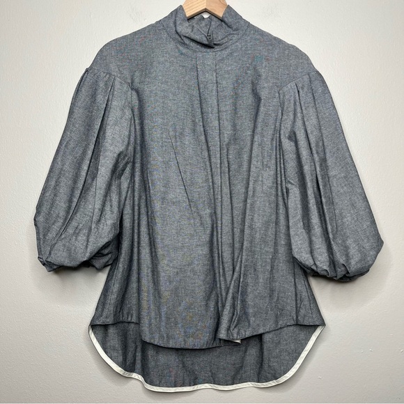 Tish Cox Women Blouse XXS Gray Ballon Sleeve Mock Neck Office Business Keyhole - Picture 1 of 10